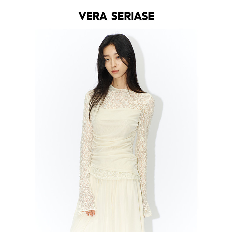 【Vera Seriase设计师品牌】春季新款修身米白色镂空长袖上衣