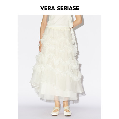 【Vera Seriase设计师品牌】2026夏季新款米白荷叶边蛋糕长半裙