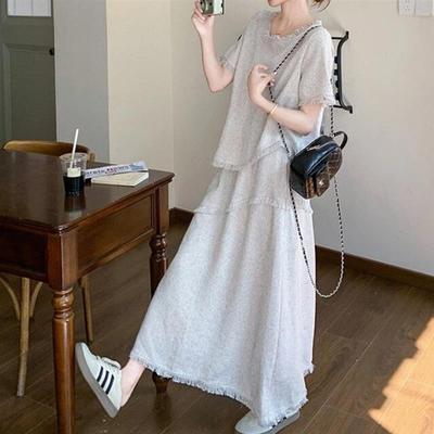 灰色圆领流苏短袖T恤+高腰半身裙女2025夏季新款宽松休闲两件套装