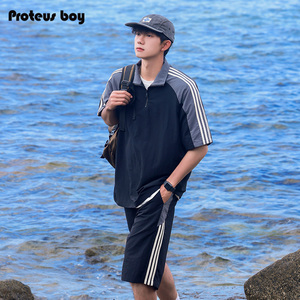 ProteusBoy短袖t恤男夏季款条纹冰丝透气polo领运动休闲短裤套装T