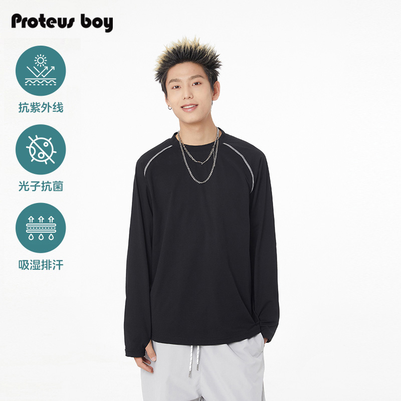 ProteusBoy 简约拼接内搭舒适打底衫户外运动休闲圆领长袖t恤 855