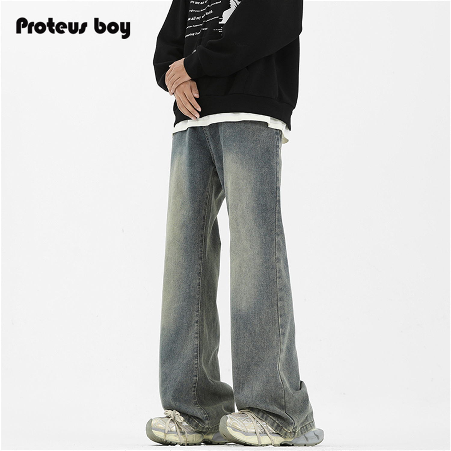 ProteusBoy牛仔裤男款春秋冬季美式复古做旧直筒加绒微喇休闲裤子