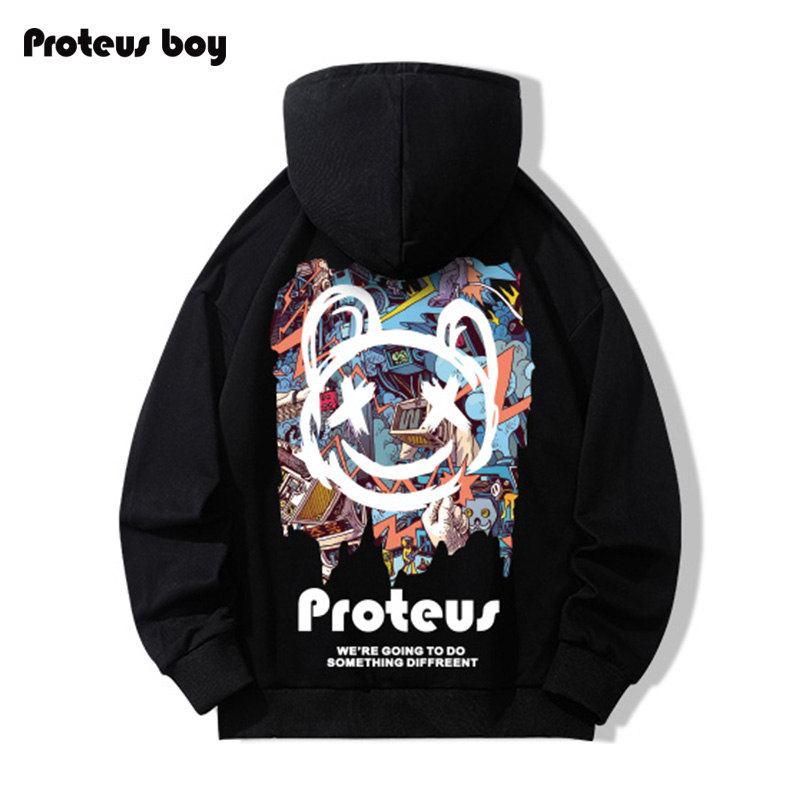 ProteusBoy卫衣男机器工厂小熊笑脸连帽加绒厚秋装冬季外套上衣服