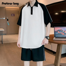 套装 ProteusBoy 美式 短袖 polo衫 119 撞色条纹运动插肩t恤休闲短裤