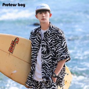 ProteusBoy短袖衬衫男款夏季男生斑马条纹速干透气度假衬衣外套潮