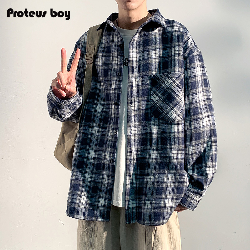 ProteusBoy 美式复古撞色条纹格外套休闲口袋翻领纽扣长袖衬衫 50
