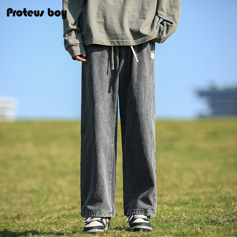 ProteusBoy牛仔裤男款秋冬季男士复古做旧宽松直筒抽绳休闲长裤子
