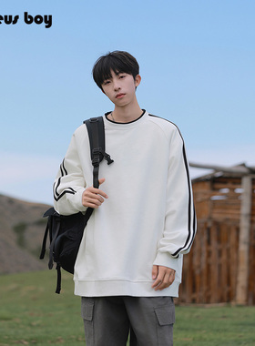 ProteusBoy卫衣男春秋冬季男生美式条纹内搭圆领无帽套头长袖上衣