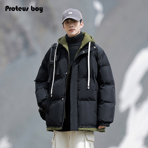 ProteusBoy棉服男冬季美式拼色假两件保暖防泼水连帽面包服外套装
