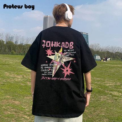 ProteusBoy短袖t恤男款夏季男生美式高街印花纯棉圆领上衣服半袖T