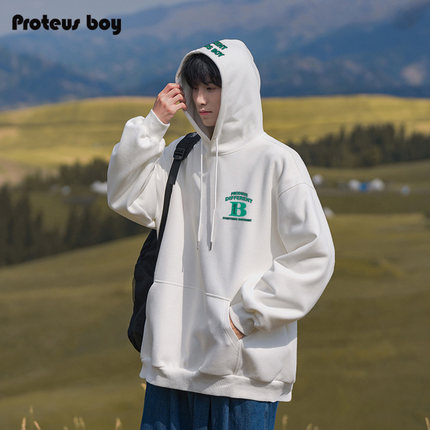ProteusBoy 美式街头嘻哈字母加绒厚户外休闲长袖套头连帽卫衣 80