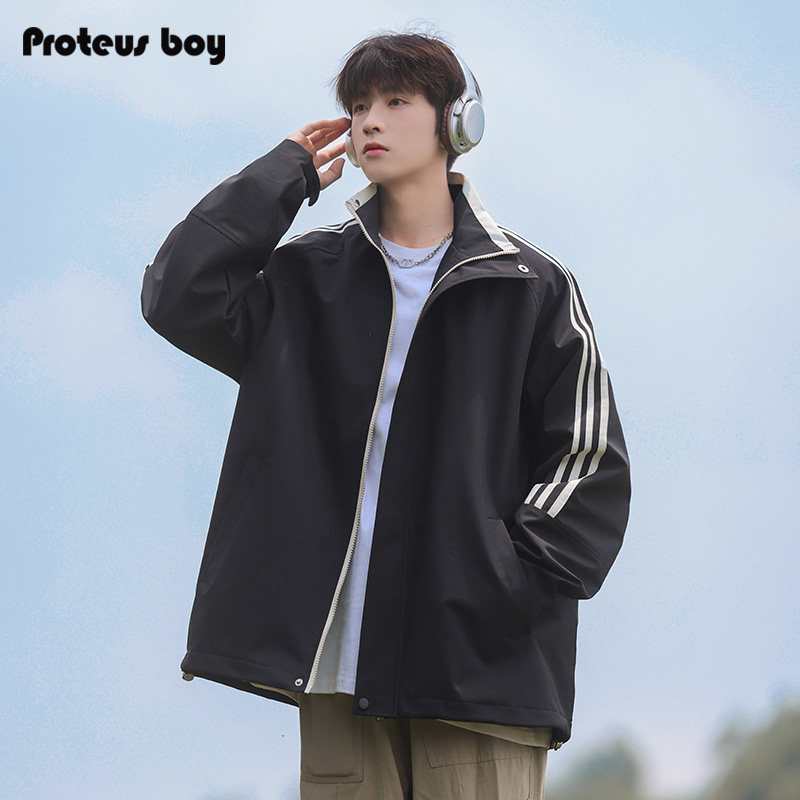 ProteusBoy外套男春秋冬季男士立领美式条纹运动防风加厚夹克棉服