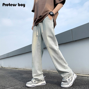 K274 复古黄泥做旧水洗休闲直筒抽绳松紧腰牛仔裤 ProteusBoy 美式