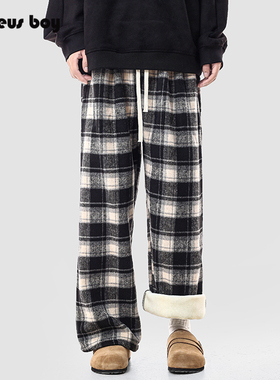 ProteusBoy裤子男款春秋冬季美式复古文艺撞色格子加绒直筒休闲裤
