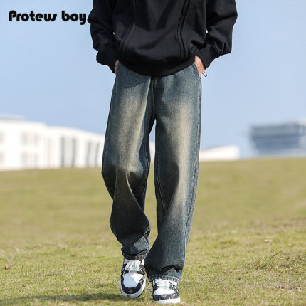 ProteusBoy牛仔裤男2025新款春秋冬季复古男士做旧加绒直筒休闲裤
