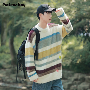 Proteus Boy撞色拼接针织星星宽松落肩圆领情侣毛衣 23PBJH-357