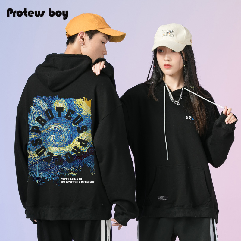 ProteusBoy星空文艺复兴油画字母印花休闲连帽冬季加绒加厚卫衣男