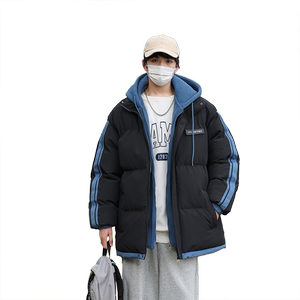 ProteusBoy棉服男款冬季拼色条纹假两件男士加厚连帽情侣棉衣外套