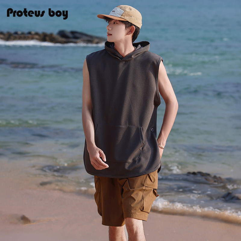 ProteusBoy背心男款夏季男士美式复古休闲运动华夫格连帽无袖t恤