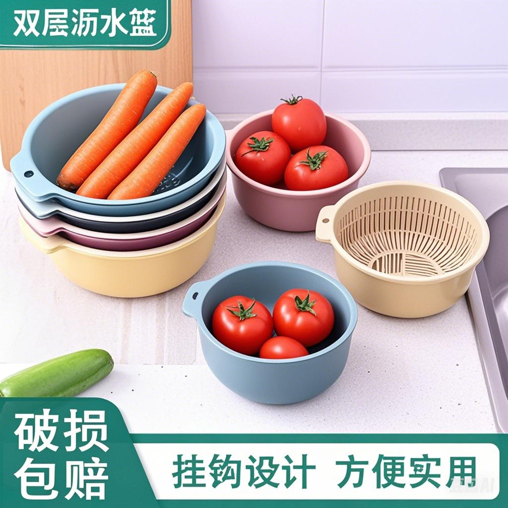 【便宜啦】圆形双层沥水篮洗菜盆洗菜篮厨房家用果篮洗水果菜篮子