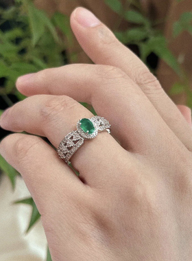 monocle高级感人工带棉祖母绿戒指指环轻奢蕾丝复古小众时尚开口