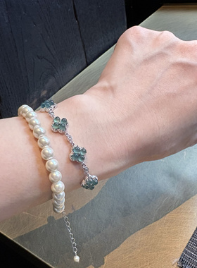 monocle 小红书蓝水翡翠四叶草手链甜美银冰种玉石幸运草气质手串