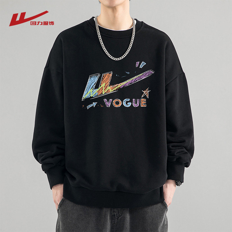回力潮牌logo印花圆领卫衣男士春秋季款宽松休闲百搭重磅套头上衣