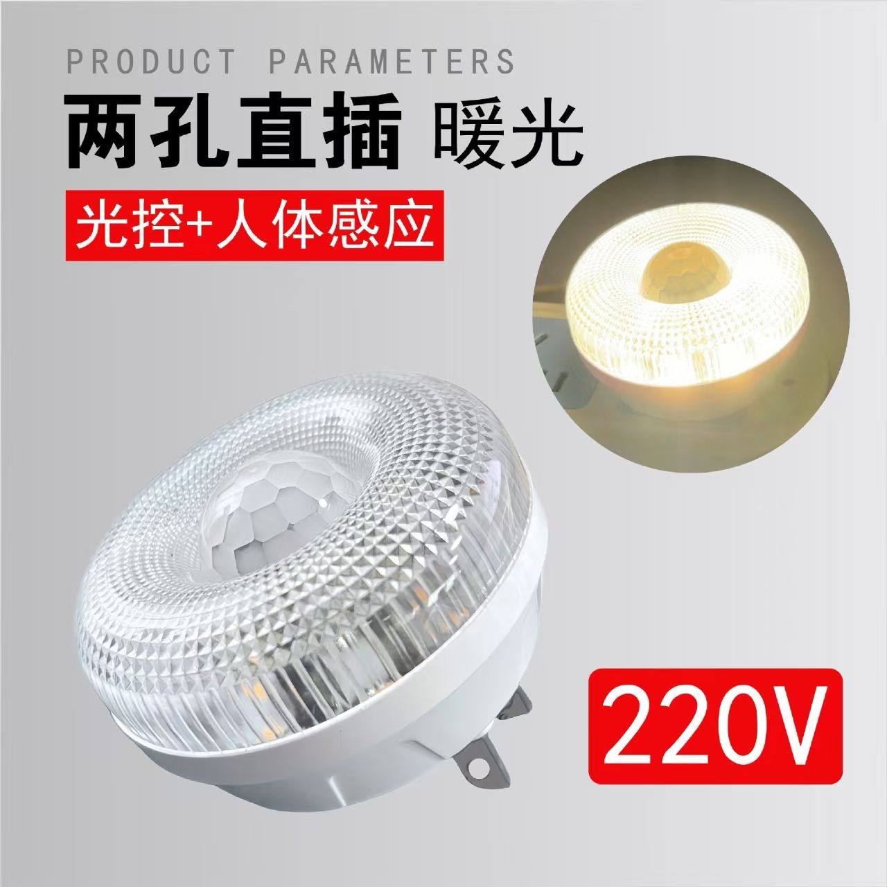 220V智能感应灯两孔直插光控+人体感应夜间自动开关小夜灯图片