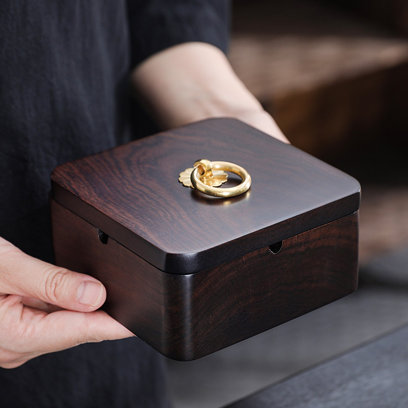 黑檀实木烟灰缸家用新中式客厅高级感办公室茶台大号带盖防飞灰