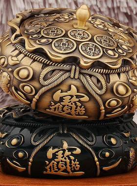 黄铜烟灰缸办公室桌面男士钱币福袋铜器铜艺复古摆件进宝元宝钱袋