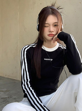 WASSUP长袖女美式三条杠修身性感显瘦辣妹装纯棉长袖上衣2024新款