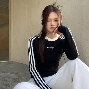 女美式 上衣2024新款 三条杠修身 纯棉长袖 性感显瘦辣妹装 WASSUP长袖