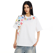 T恤高街情侣圆领ins打底衫 WASSUP短袖 女卡通涂鸦印花纯棉正肩半袖