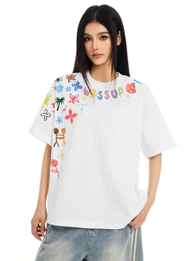 WASSUP短袖女卡通涂鸦印花纯棉正肩半袖T恤高街情侣圆领ins打底衫