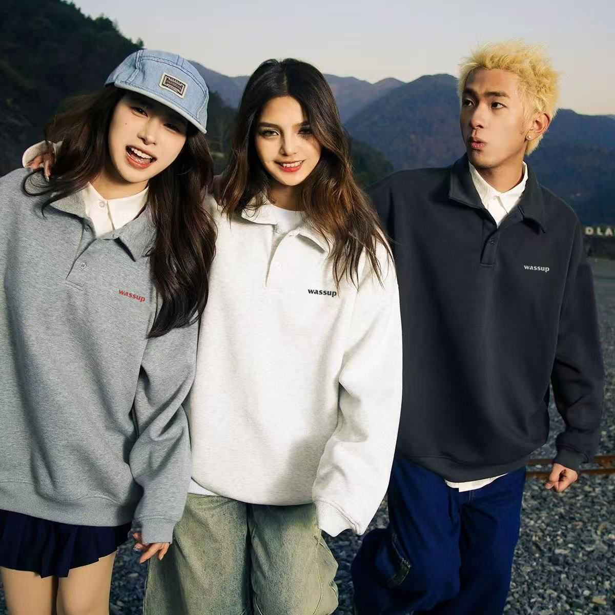 WASSUP简约休闲polo领卫衣女秋冬加绒加厚情侣亨利翻领上衣外套男