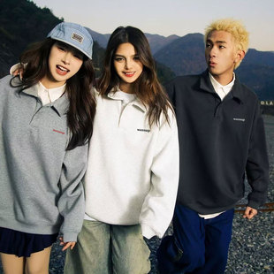 WASSUP简约休闲polo领卫衣女秋冬加绒加厚情侣亨利翻领上衣外套男