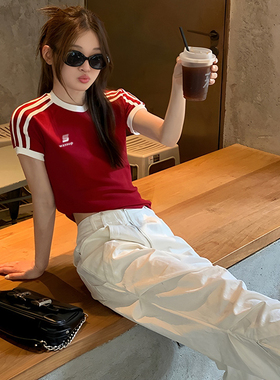 WASSUP短袖T恤女2025新款短款三条杠夏日通勤漂亮小上衣红色超火