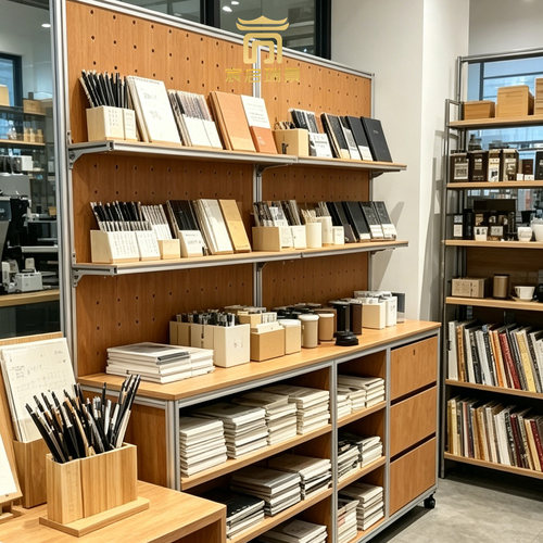 原木风铝型材洞洞板货架文具书店落地展架本子笔产品陈列展示架