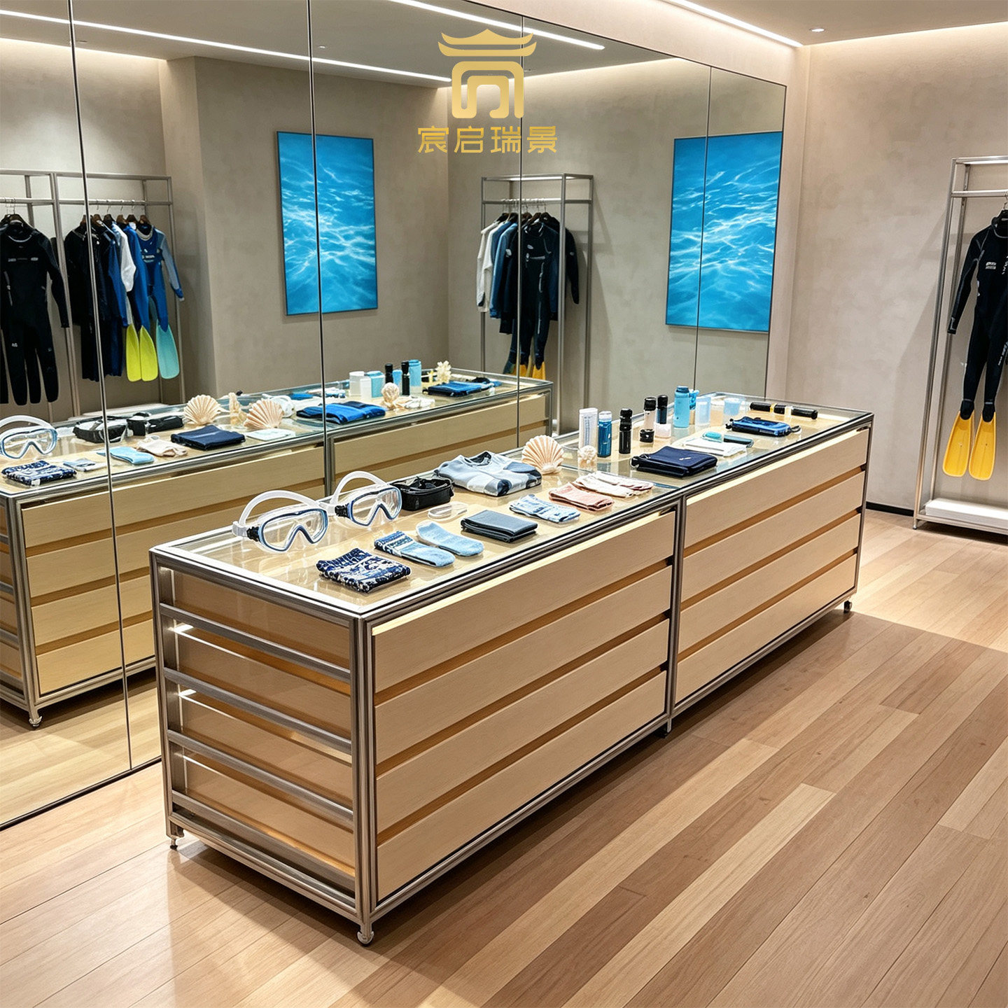 潜水器材样品中岛展示柜海洋板铝型材玻璃陈列柜门店落地展示柜子