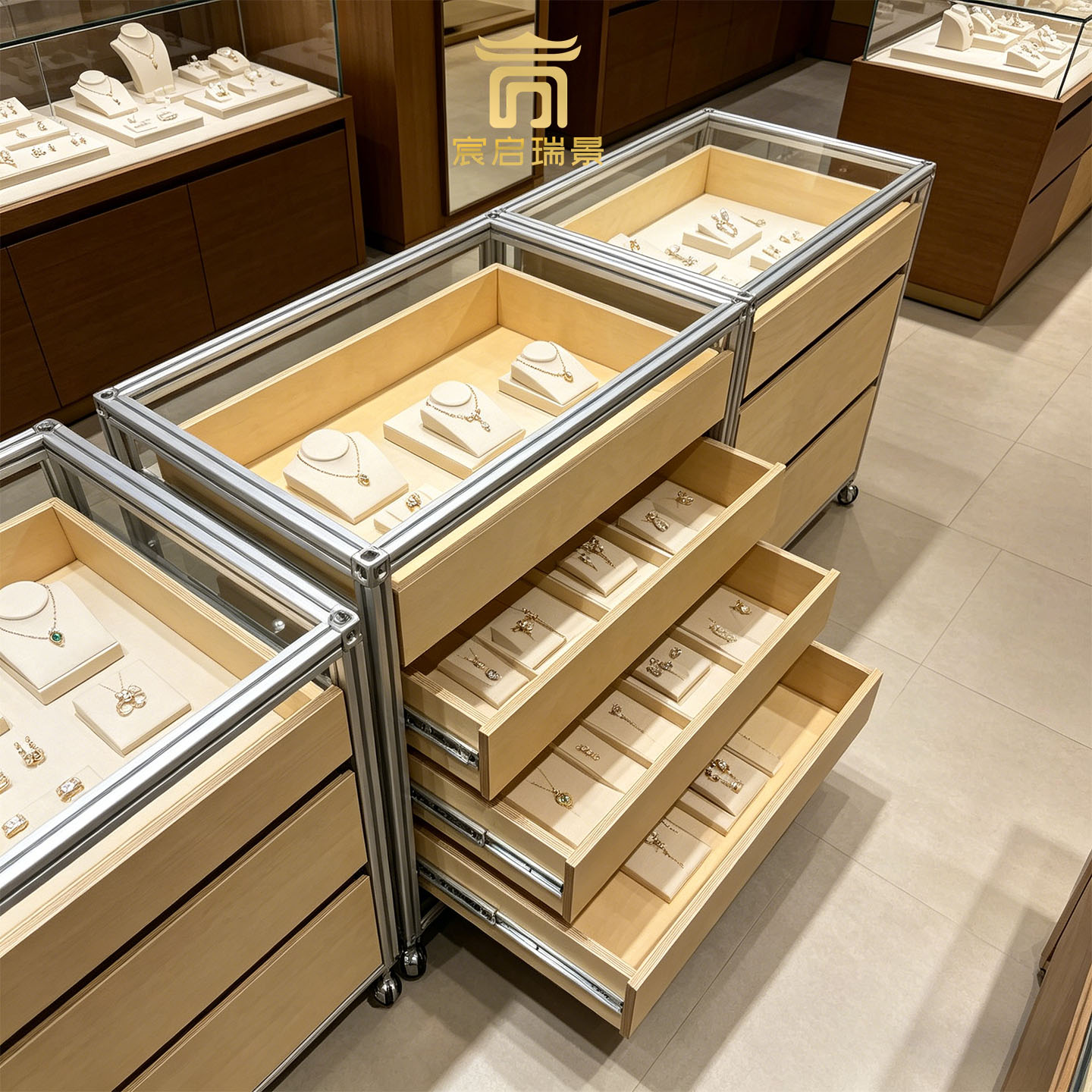 珠宝门店移动展示柜台 铝木组合玻璃防尘抽拉抽屉首饰饰品陈列柜