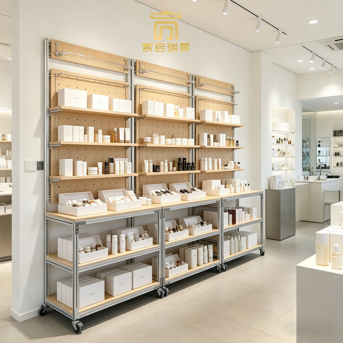铝型材带轮多层展示柜 护肤品美妆店洞洞板背板可移动陈列架图片