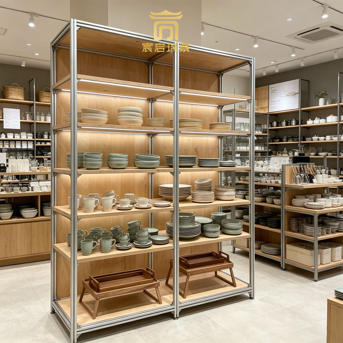 原木铝型材餐具中岛展示柜 陶瓷器皿茶具家居店落地陈列货架子