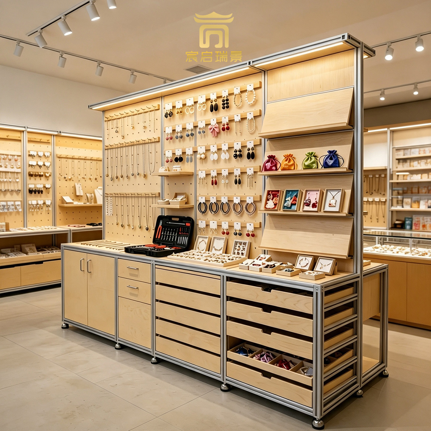铝型材展示柜多层抽屉收纳柜首饰文创展示架商店实木海洋板陈列柜