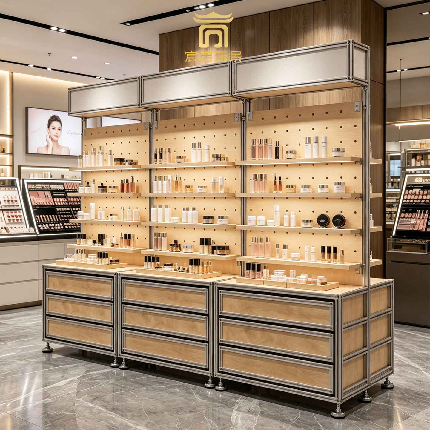 海洋板化妆品展示柜多层收纳货架商用便利店铝型材多功能陈列柜图片