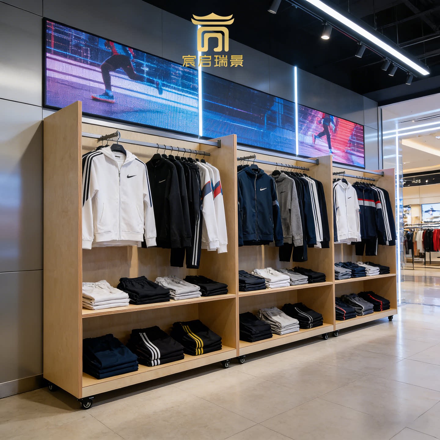 木质服装展示架商场店铺陈列柜多层移动带轮时尚休闲外套收纳架