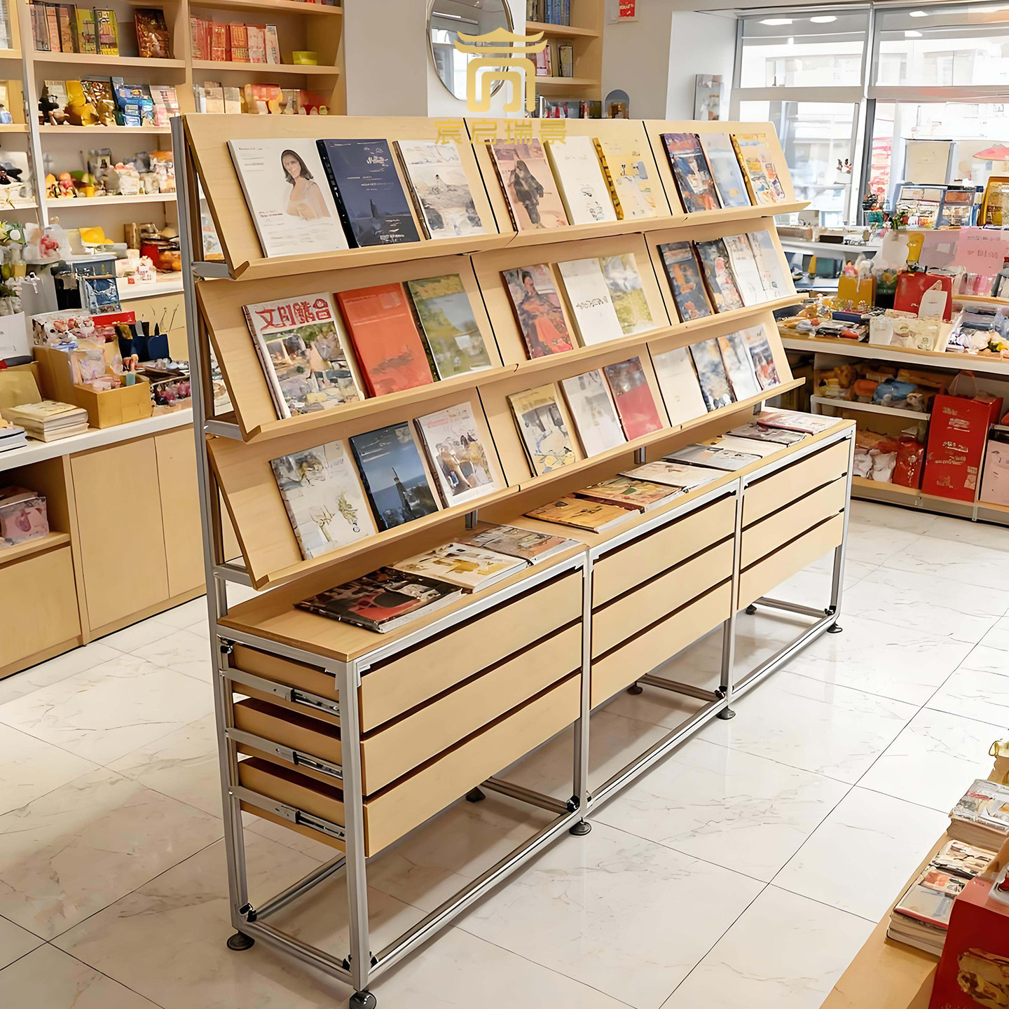 工业风铝型材多层展示架书店收纳置物架多功能实木海洋板储物架图片