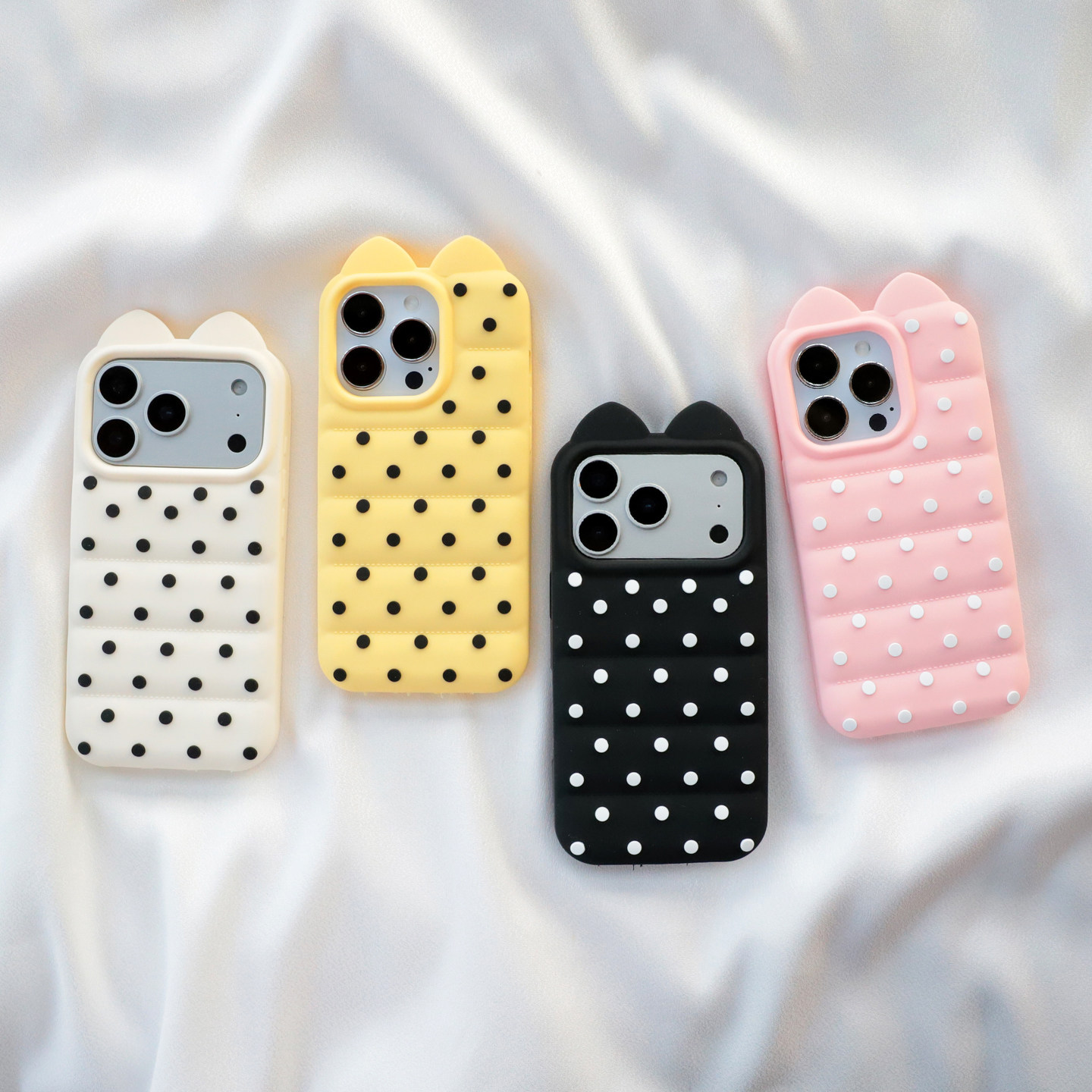 简约波点猫耳朵适用iphone17promax苹果16pro手机壳15pm可爱卡通14全包边Ai按键13max加厚防摔软硅胶套女新款