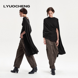 LYUOCHENG 早秋莱赛尔绵羊毛不规则立体裁剪解构一体式披风上衣