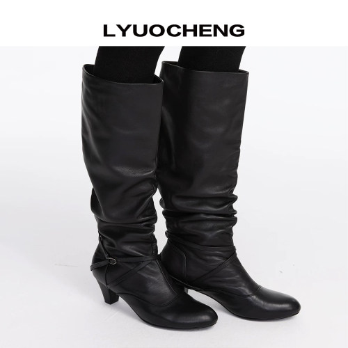 LYUOCHENG 秋冬头层牛皮复古圆头堆褶中跟长靴