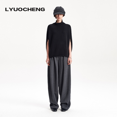 LYUOCHENG 美利奴羊毛茧型斗篷针织上衣简约宽松卷边半高领毛衣